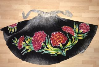 Vintage Maya De Mexico Mexican Full Circle Skirt Hand Painted Silk Red Flowers 2