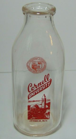 Vintage 1956 Cornell University Ithaca York Quart Milk Bottle Red Pyroglaze
