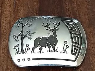 Vintage Signed Navajo Rosco Scott Sterling Belt Buckle - Elk