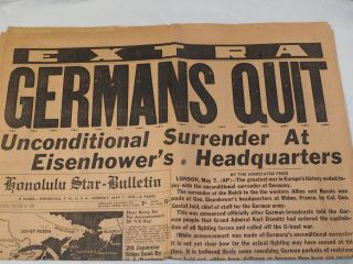 Extra " Germans Quit " Honolulu Star Bulletin Newspaper May 7th,  1945 8 Pages