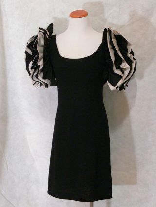 Stunning Vintage St John Marie Gray Black Dress Flouncy Shoulders Small Rare