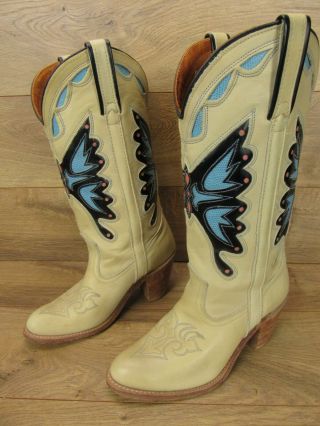 Vintage Miss Capezio Ivory Leather Cowboy Butterfly Boots Stack Heel Womens 7.  5 2