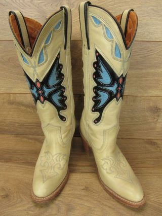 Vintage Miss Capezio Ivory Leather Cowboy Butterfly Boots Stack Heel Womens 7.  5 3