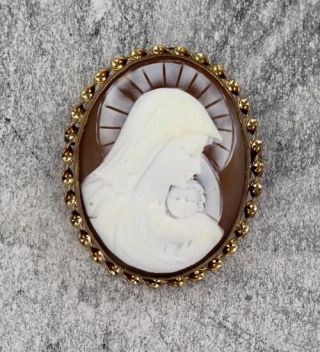 Vintage Antique Hand Carved Shell Cameo Of Blessed Mother