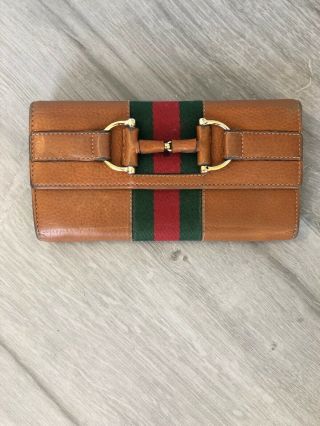 Gucci Vintage Brown Wallet With Classic Green And Red Striple And Buckle Vgc