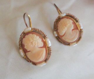 Sterling Silver Cameo Earrings W,  Seed Pearls On Side Of Frame.  Long Fish Hook
