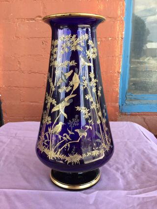 Vintage Cobalt Blue Glass Gold Painted Etched Bird Vase - Bohemian Signed Heavy