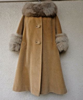 Vintage Lilli Ann Swing Coat Mohair Real Plush Fox Fur Collar Cuffs 50s 60s L Xl