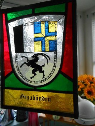 Vtg Switzerland Graubendin Stain Glass Swiss Coat Of Arms Village