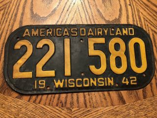 1942 Wisconsin License Plate Vintage America’s Dairyland Land 221 580