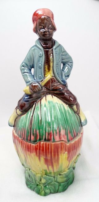 Antique Figural Majolica Black Americana Boy On Watermelon Tobacco Jar Humidor