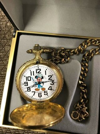 VINTAGE Walt Disney Mickey Mouse Pocket Watch Railroad Engineer Train W/ BOX 4