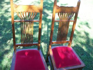 Set Of 2 Antique Oak High Back Carved Chairs Padded Seats