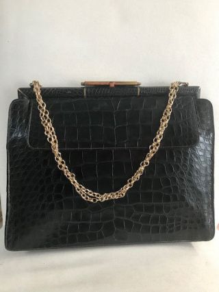 Classic Vintage Lucille De Paris Black Alligator Handbag Ca.  1950 - 60s