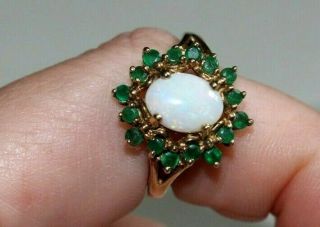 Vintage 9ct Gold Natural Opal & Emerald Ring.  Size P.