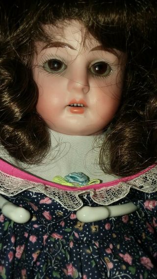 Antique 17 - Inch Heubach Doll In Playful Print Dress And Matching Dolly
