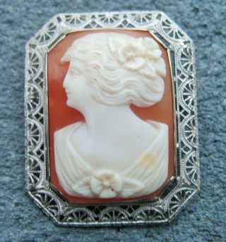 Antique Victorian 10k White Gold Filigree Square Frame Carved Cameo Brooch