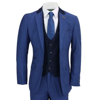 Mens 3 Piece Suit Vintage Blue Prince Of Wales Check Smart Tailored Fit Uk Size