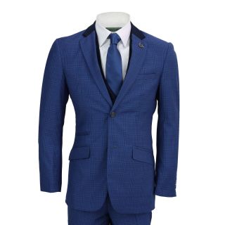 Mens 3 Piece Suit Vintage Blue Prince of Wales Check Smart Tailored Fit UK Size 6