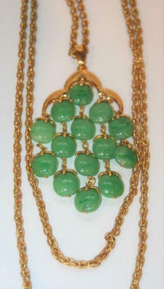Vintage Crown Trifari Green Drops Long 6 - Strand Pendant Necklace Fully Marked A,