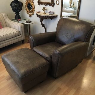 Vintage Leather Club Chair & Ottoman Pottery Barn Restoration Hardware Style 3