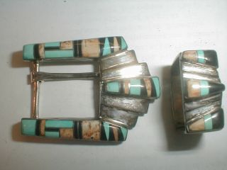Vintage Navajo Gilbert Ortega Sterling Silver Inlay Turquoise Belt Buckle Set
