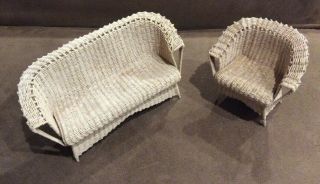 Vintage Dollhouse Miniature Furniture Wicker Sofa And Lounge Chair Signed @
