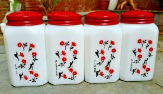 Vintage Mckee Tipp Chintz Flowers Milk Glass Range Shakers S,  P,  F,  S -