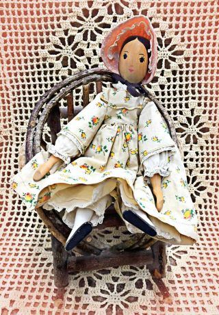 Vintage Polly Shorrock Wood Doll Alice Wainwright Bonus Twig Chair