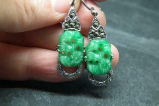 Fine Antique Art Deco Solid 935 Silver Peking Glass & Marcasite Earrings