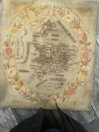 Antique c1800 Needlework Sampler map British isles by Harriot Beard aged 12 2