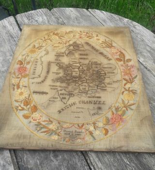 Antique c1800 Needlework Sampler map British isles by Harriot Beard aged 12 8
