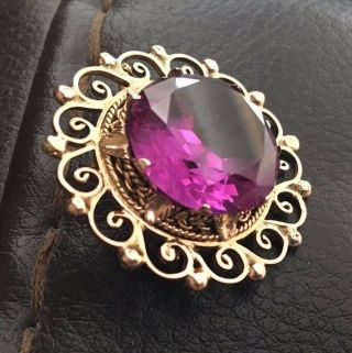 Vintage Gold W/ Huge 20ct Round Color Changing Synthetic Alexandrite Pin Brooch