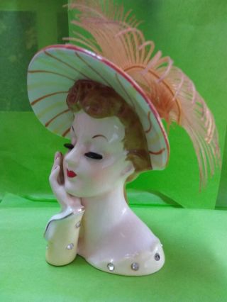 Vintage 1956 Napco Japan 5 3/4 " Lady Head Vase Bonnet And Rhinestones