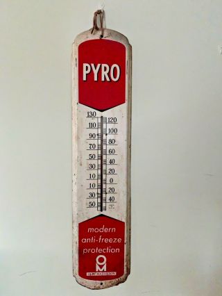 Pyro Anti - Freeze Authentic Vintage Metal Advertising Sign Thermometer 36 " Rare