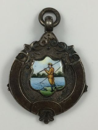 Hallmarked Silver Enamel Picture Pocket Watch Fob Fishing Angling Chester 1933