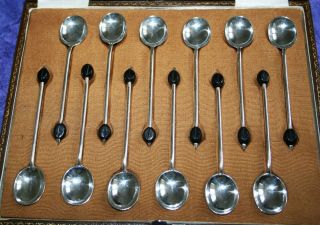 Antique Cased Set Of 12 Solid Silver Coffee Bean Spoons By Cooper Brothers 1920