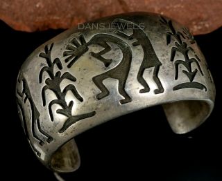 Big Vintage Hopi Navajo Kokopelli Overlay Silver Cuff Signed Bracelet
