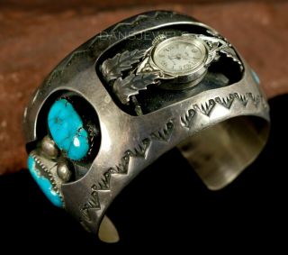 Old Pawn Navajo Vintage Solid Sterling Turquoise Watch Cuff Bracelet