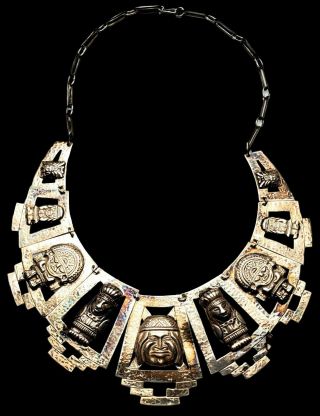 Large Vintage Mexico / Peru Sterling Silver Necklace W/ Aztec Inca Mayan Figures