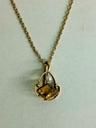 Vintage Art Deco Design 14k Gold Citrine And Pearl Necklace Pendant 18 " Chain Nr