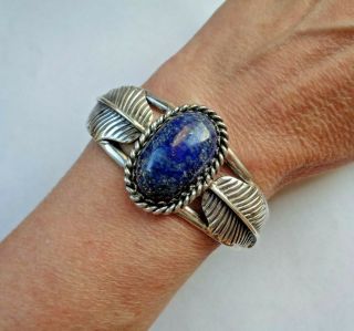 Vintage Big Blue Lapis Sterling Silver 925 Southwestern Feather Cuff Bracelet