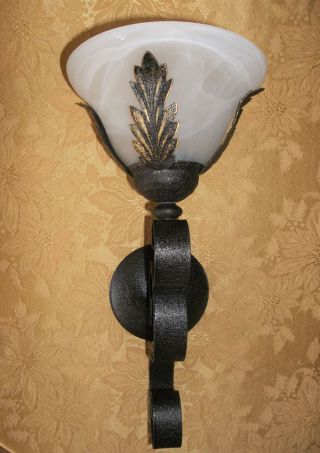 Large Black Metal Scroll Wall Sconce With Glass Shade Candle Holder Vintage
