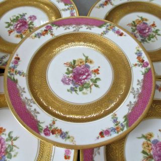 Set 8 Vintage Hutschenreuther Porcelain Bread Dessert Plates Gilt Encrusted Pink