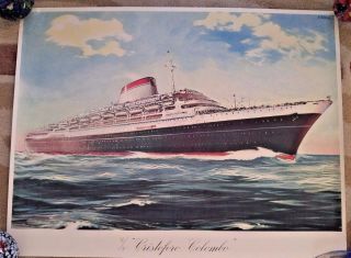 Vintage Print Of The Ss Cristoforo Colombo - Italian Cruise Liner - 22 X 17