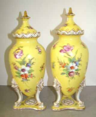 Vintage Dresden China 2 Urns Hand Painted Floral Flower Sprays On Yellow