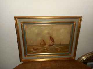 Old Oil Painting,  { Marine - Sailboats On A Rough Sea,  Is Signed }.  Is Antique