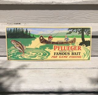 Rare Pflueger Fishing Hunting Boat Lake Metal Embossed Vintage Gas Oil Farm Sign