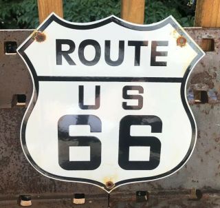 Vintage Us Route 66 Porcelain Gas Auto Road Travel Car Highway Pump Plate Sign