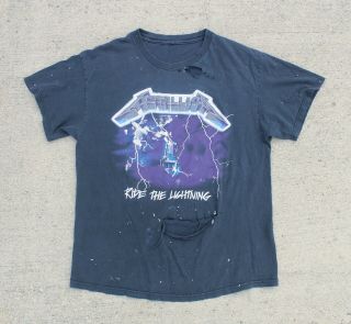 Vintage 90s Trashed Thrashed Metallica Ride The Lightning Band Tee T Shirt Large